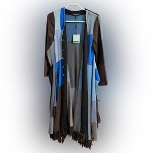 MING WANG JACQUARD FRINGE TIE WAIST LONG SLEEVE DRESS (350$) NEW WITH TAGS